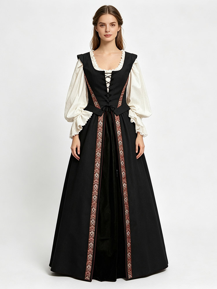 Robe victorienne gothique de style médiéval Renaissance à col carré et taille carrée
