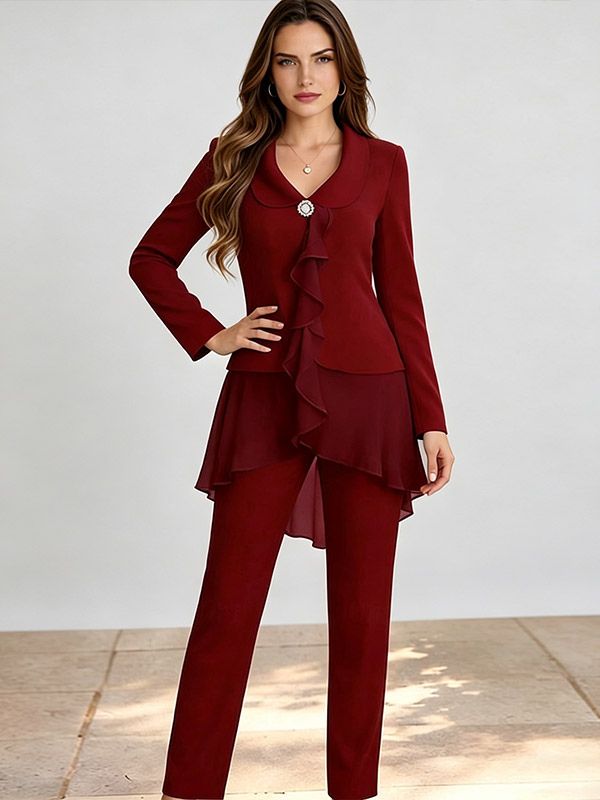 Robe de mère à col en V et manches longues deux pièces robe d'invitée pour mariage