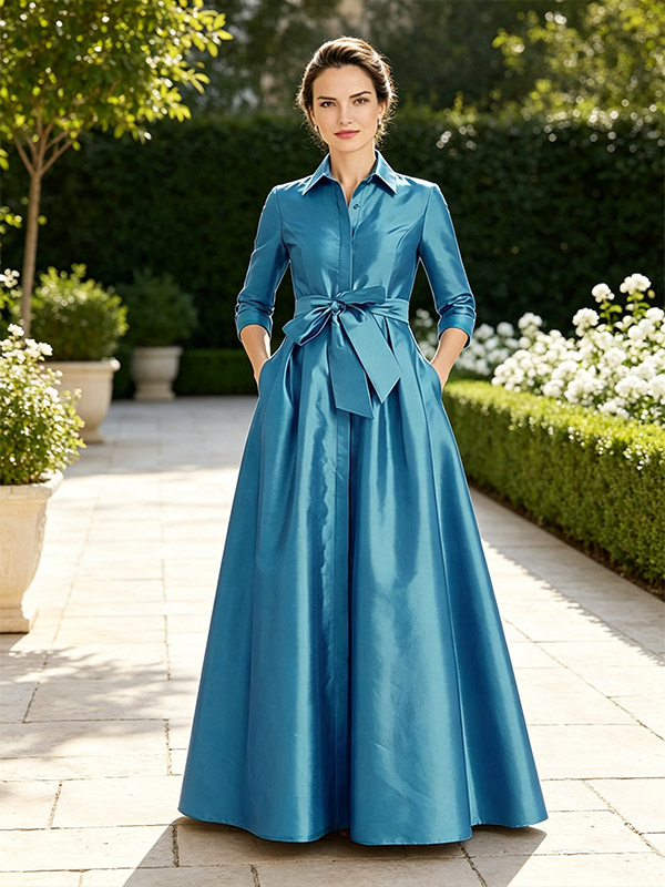 Robe de soirée pour la mère de la mariée col rabattu manches longues coupe trapèze ceinture robe d'invitée pour un mariage