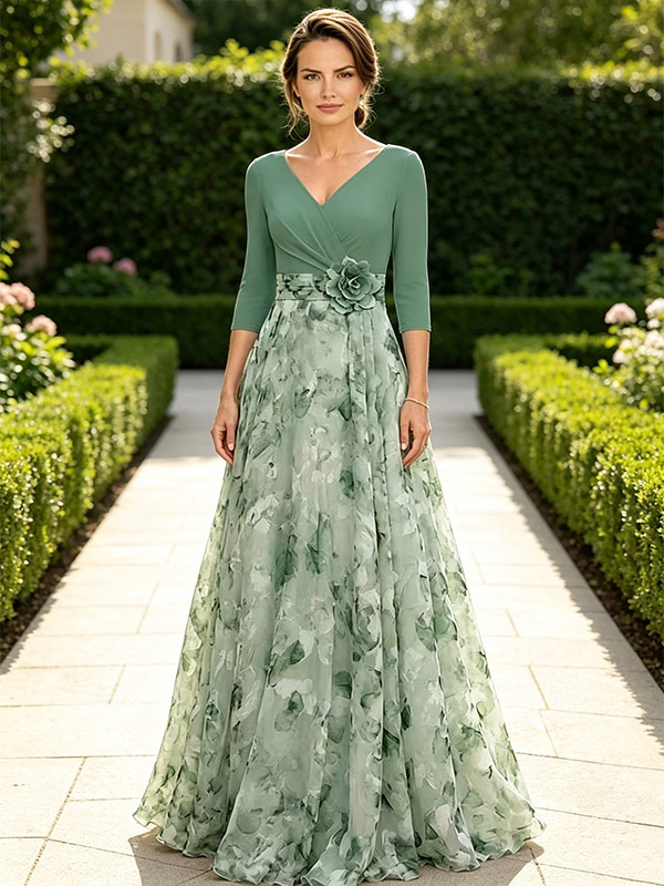 Robe de mère à col en V manches 3/4 coupe trapèze ornée de fleurs robe d'invitée pour mariage