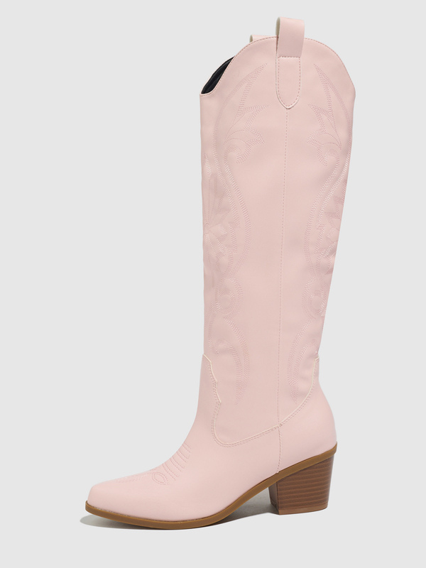 Bottes de cowboy roses pour femmes bout rond talon épais hauteur genou