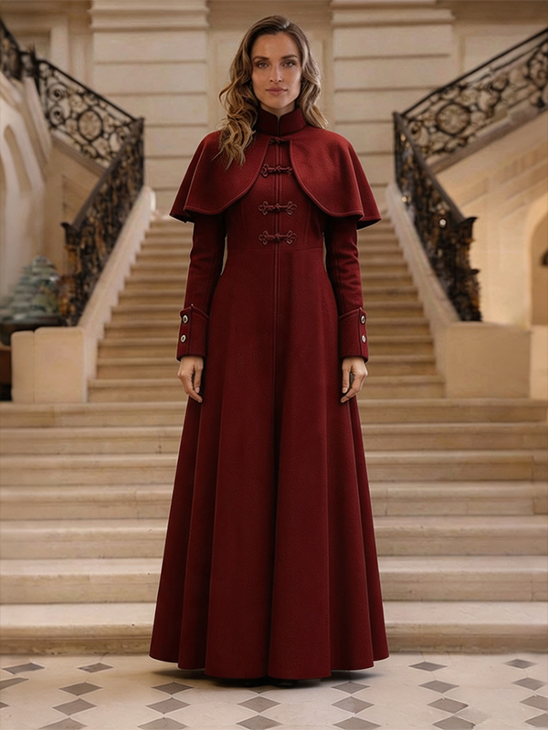 Robe cape en laine bordeaux Steampunk Gothique Cosplay Manteau en laine fait main