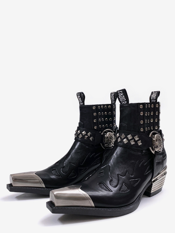 Bottines Chelsea noires pour homme bout métallique talon épais perlé