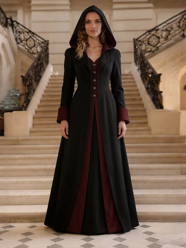 Trench-coat gothique à capuche manteau de sorcière/vampire steampunk jupe en laine de sorcière/fée pour cosplay