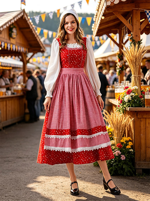 Robe Dirndl rouge vintage à fleurs idéale pour l'Oktoberfest.