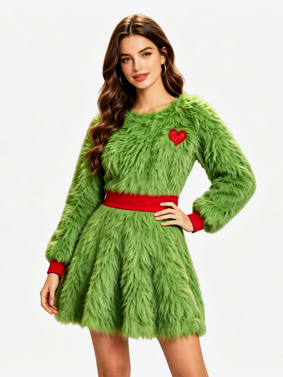 Robe verte imprimée à manches longues pour femme costume de Noël.