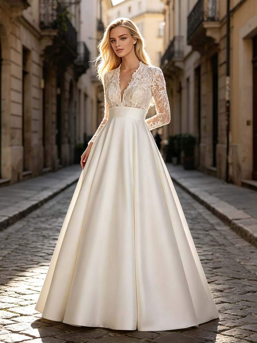 Robe de mariée vintage en dentelle col en V manches longues longueur au sol