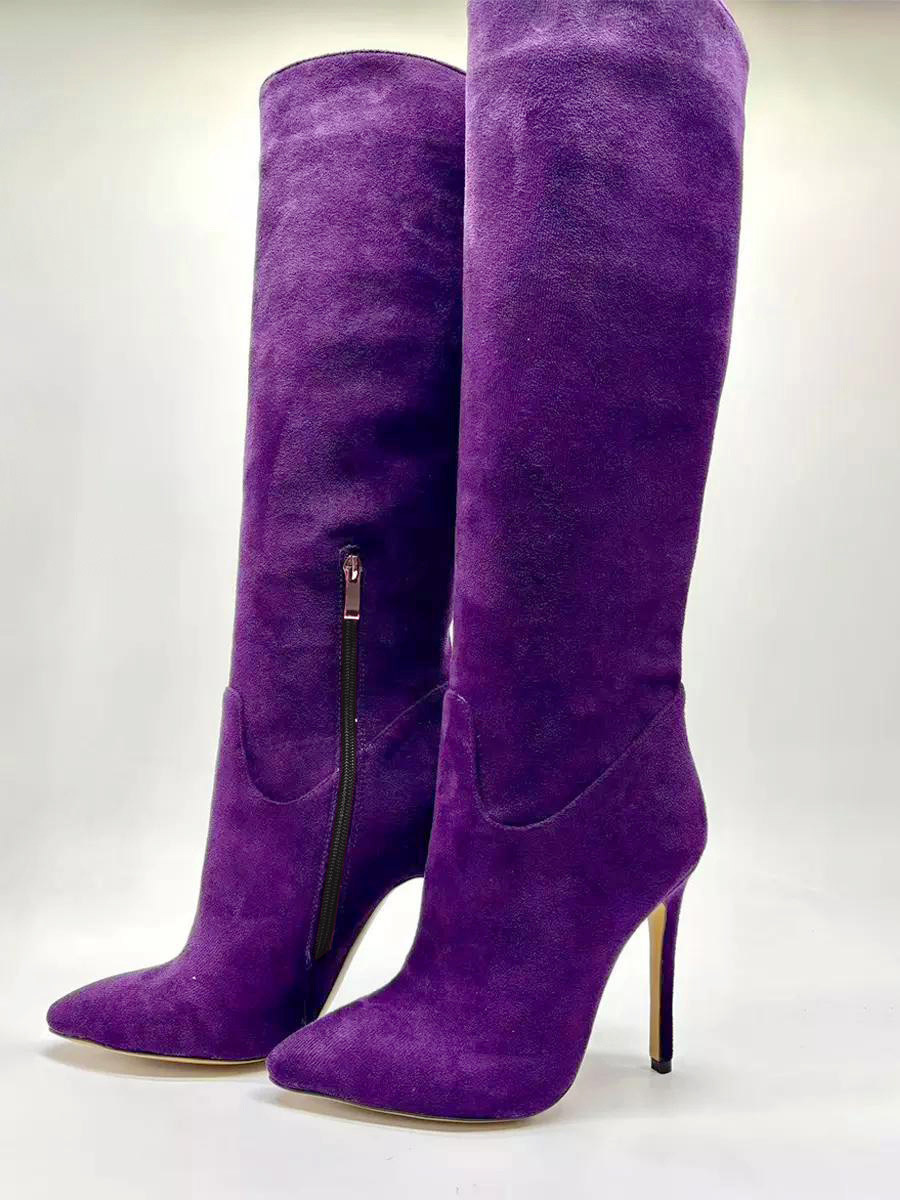 Kniehohe Stiefel aus Wildleder mit spitzer Spitze und Reißverschlussdetail