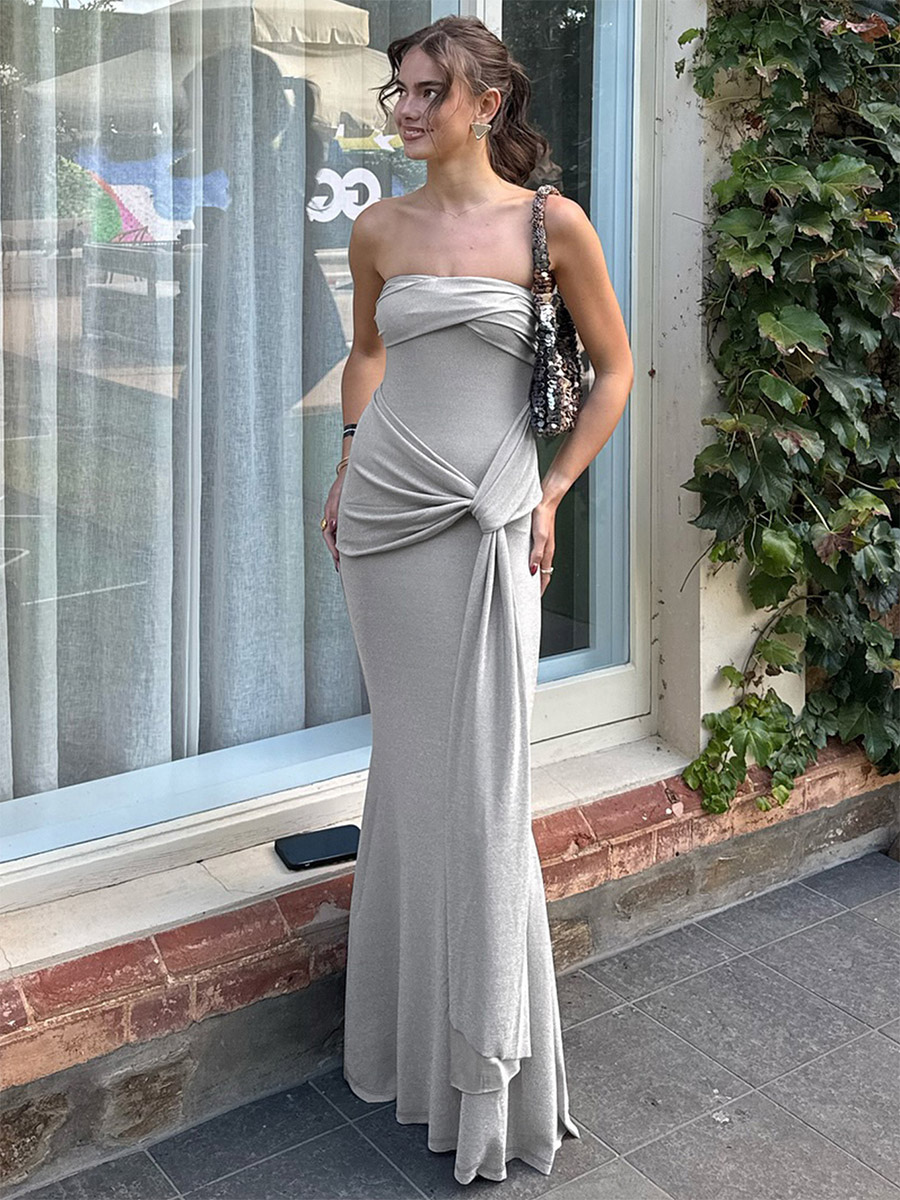Partykleid Maxikleid Grau Trägerlos Twist-Vorderseite Tailliert Figurbetont Elegant Sexy Kleid