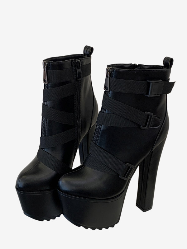 Schwarze Stiefeletten mit Plateau runder Zehenpartie Blockabsatz und Reißverschluss