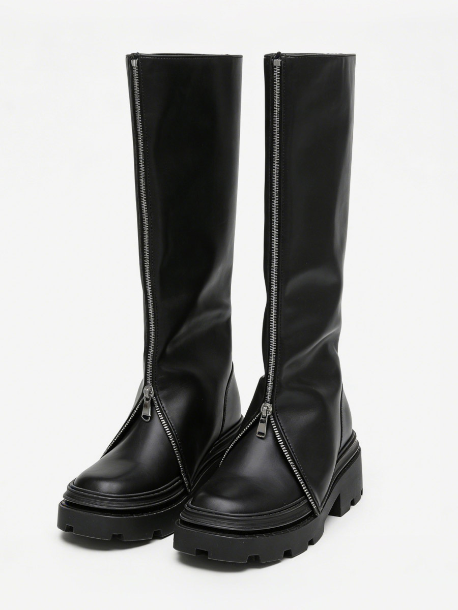 Damen-Kniestiefel runde Zehenpartie Reißverschluss umklappbare flache Stiefel