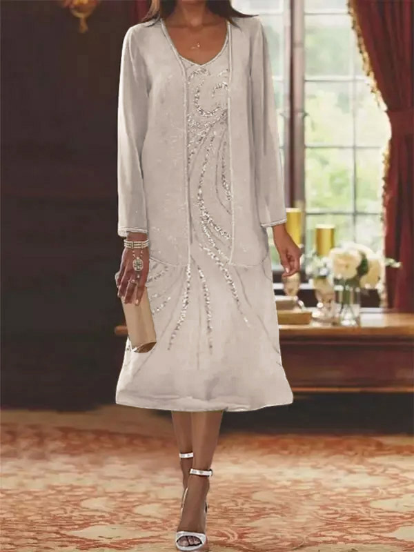 Mutterkleid mit Ausschnitt und langen Ärmeln zweiteilig Pailletten Gastkleider für die Hochzeit