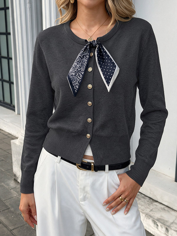 Damen-Cardigan dunkelgrau Strickpullover mit Rundhalsausschnitt langen Ärmeln und Knöpfen