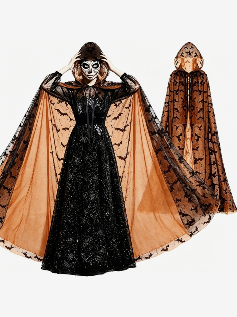 Cape longue à capuche imprimée chauve-souris pour Halloween cape en tulle à capuche avec motif chauve-souris