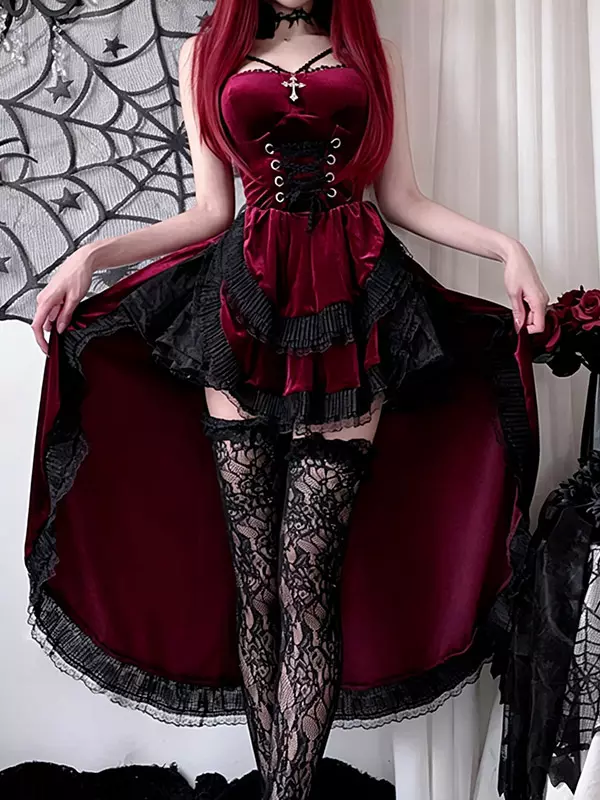 Gothic Dress Womens Red Black Halloween Lace Corset Mini Pinafore Dress