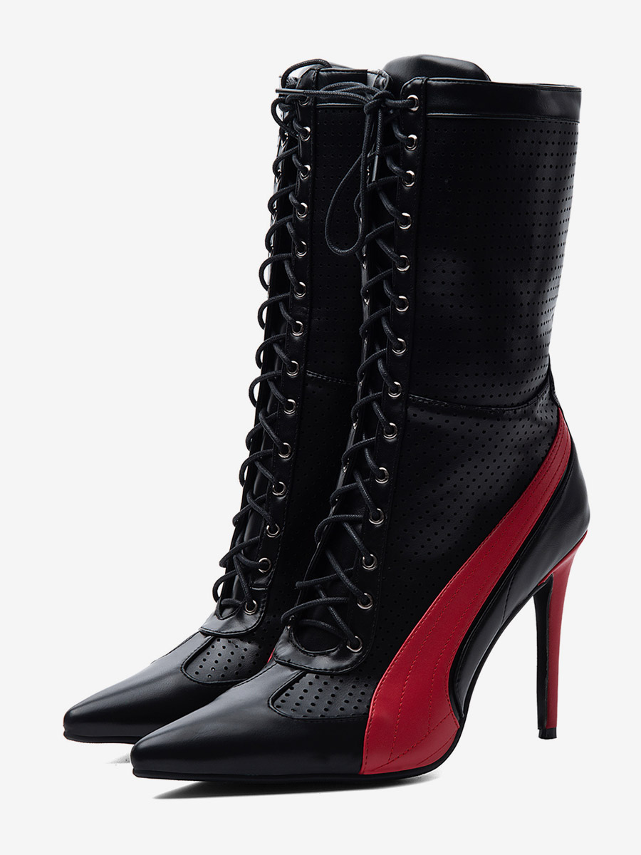 Schwarze Stiefeletten für Damen spitz zulaufend Schnürstiefeletten mit hohem Absatz