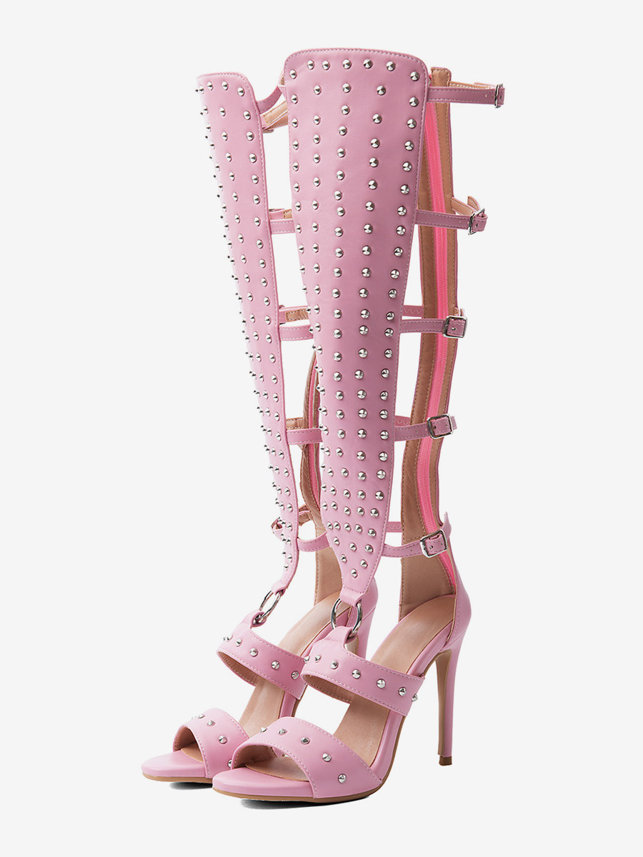 Pinkfarbene Gladiator-Sandalen für Damen offene Zehenpartie Perlenbesatz Reißverschluss hohe Absätze