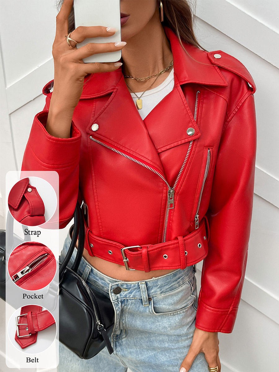 Bikerjacke rot kurz Umlegekragen Schulterriemen Tasche Damen-Oberbekleidung