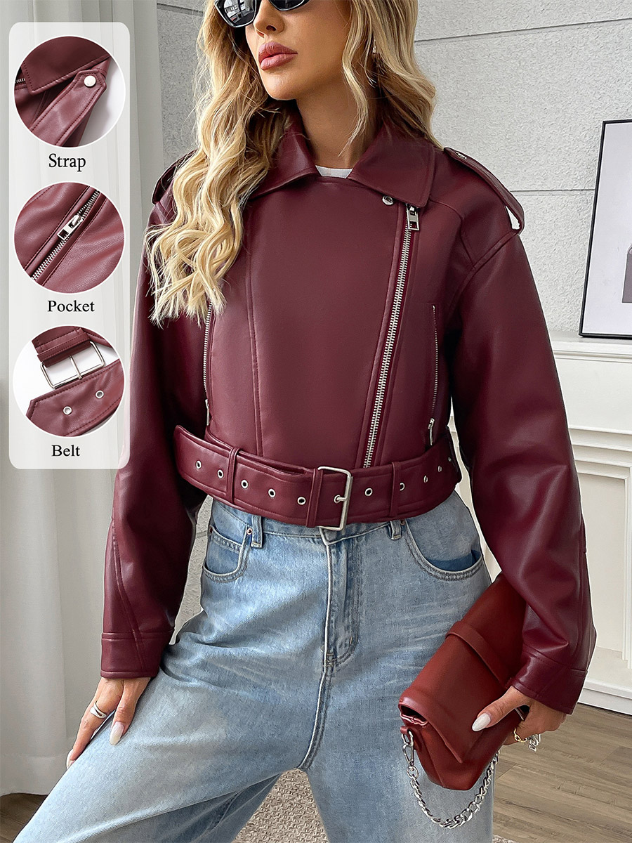 Bikerjacke weinrot kurz mit Reißverschluss Gürtel Tasche Damenmode