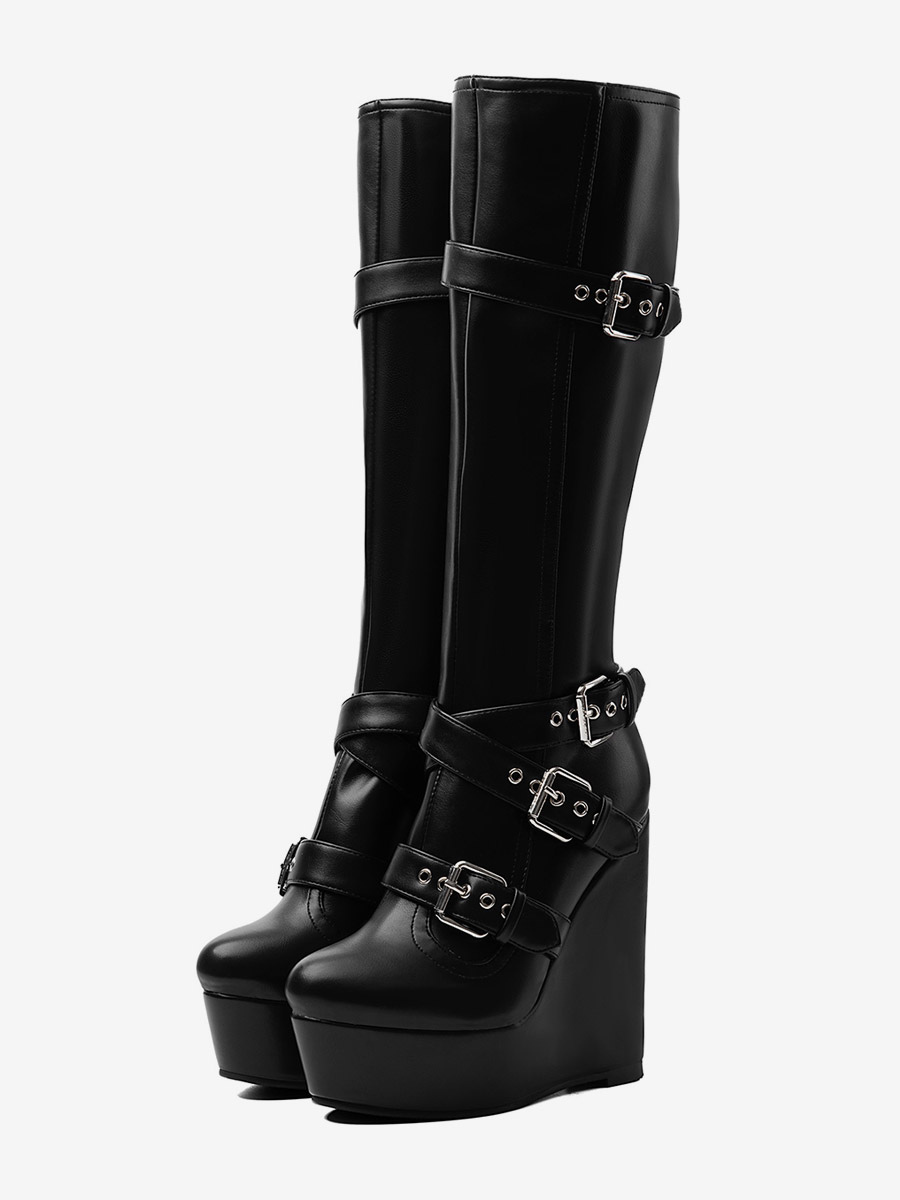 Schwarze Keilstiefel mit Plateau runder Zehenpartie und Schnallendetail kniehoch
