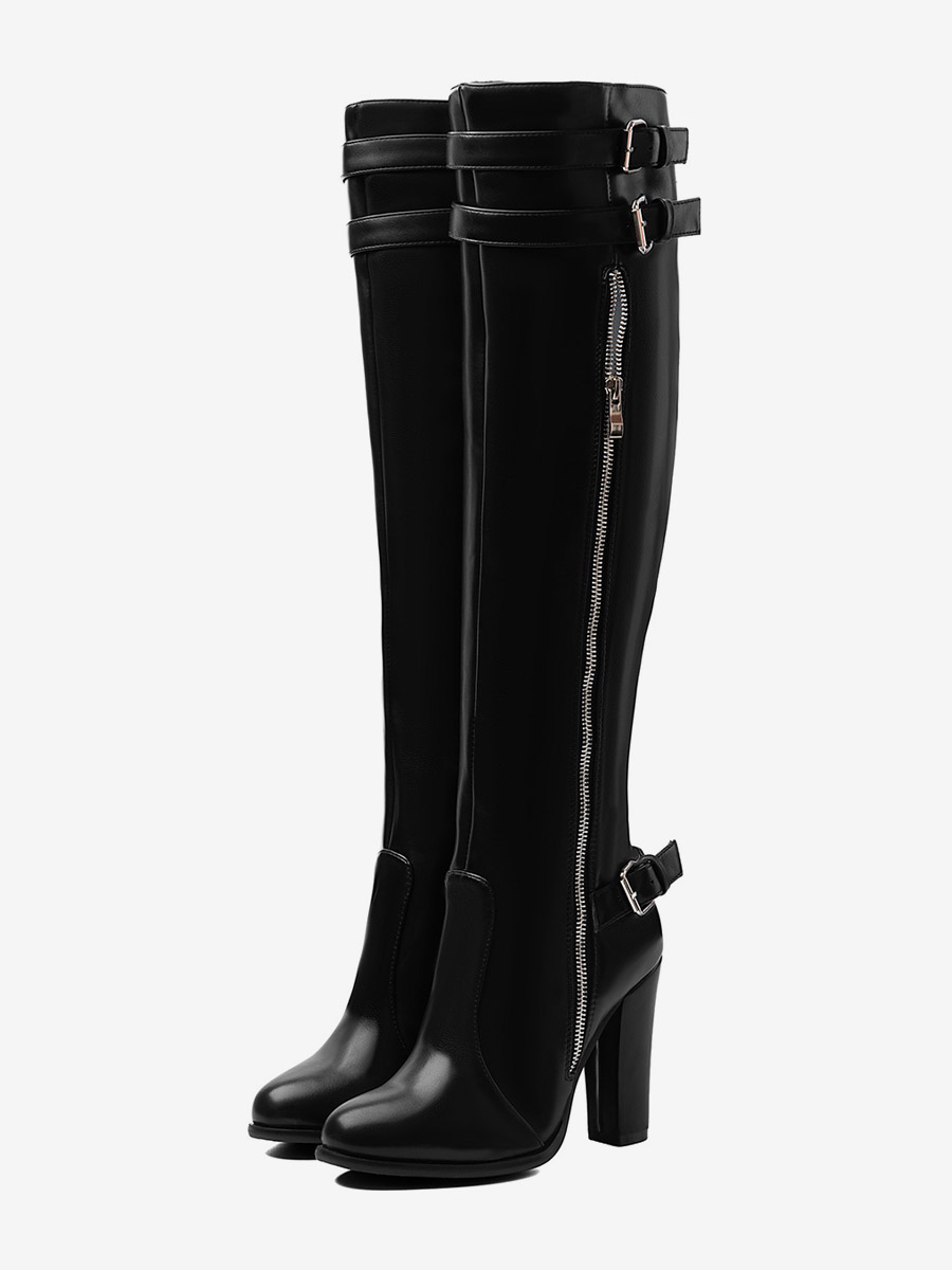 Schwarze kniehohe Stiefel mit runder Zehenpartie Reißverschluss Schnallendetail und Blockabsatz