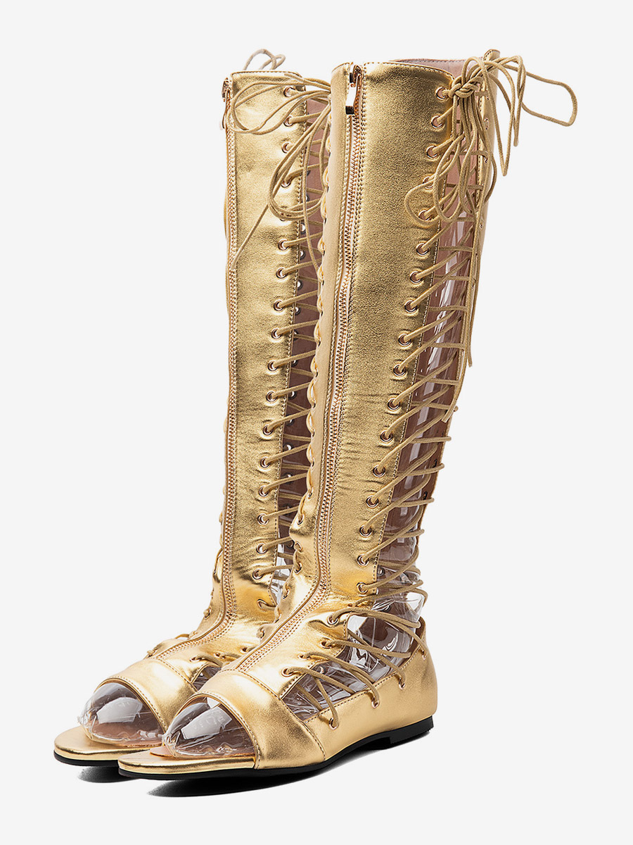 Goldene Gladiator-Sandalen für Damen offene Zehenpartie Schnürung Reißverschluss flache Sandalen