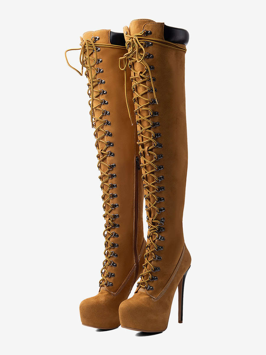 Overknee-Stiefel aus Wildleder mit Plateau runder Zehenpartie Schnürung und hohem Absatz