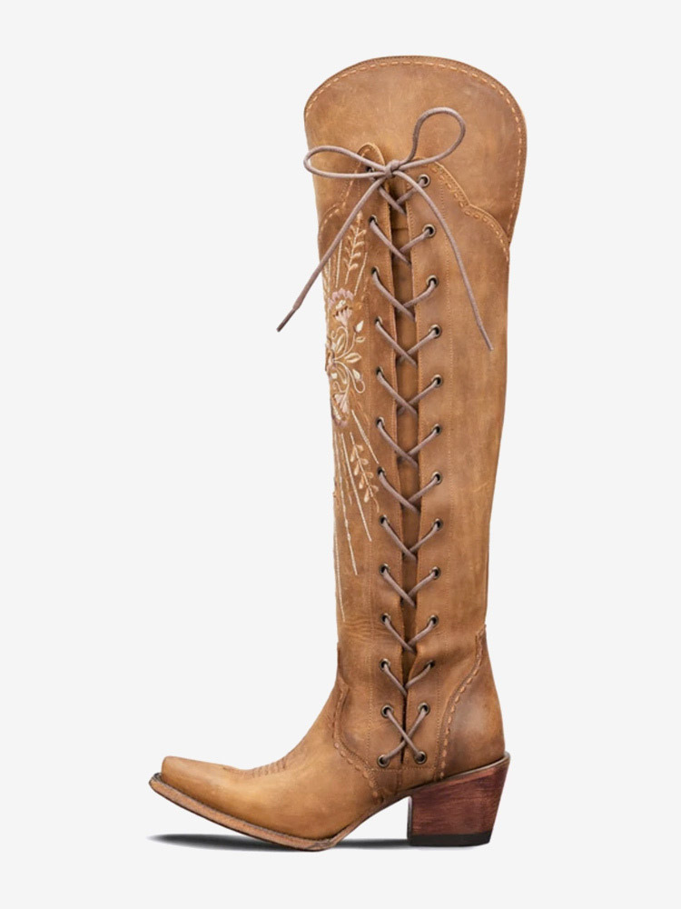 Overknee-Westernstiefel für Damen in Kaffeebraun mit Stickerei spitzer Zehenpartie Schnürstiefel mit Overknee-Stiefel
