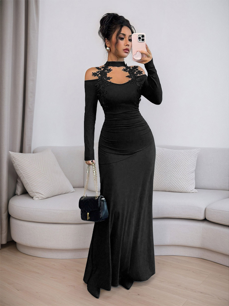 Robe noire cintrée longue pour femme mode quotidienne élégante et décontractée