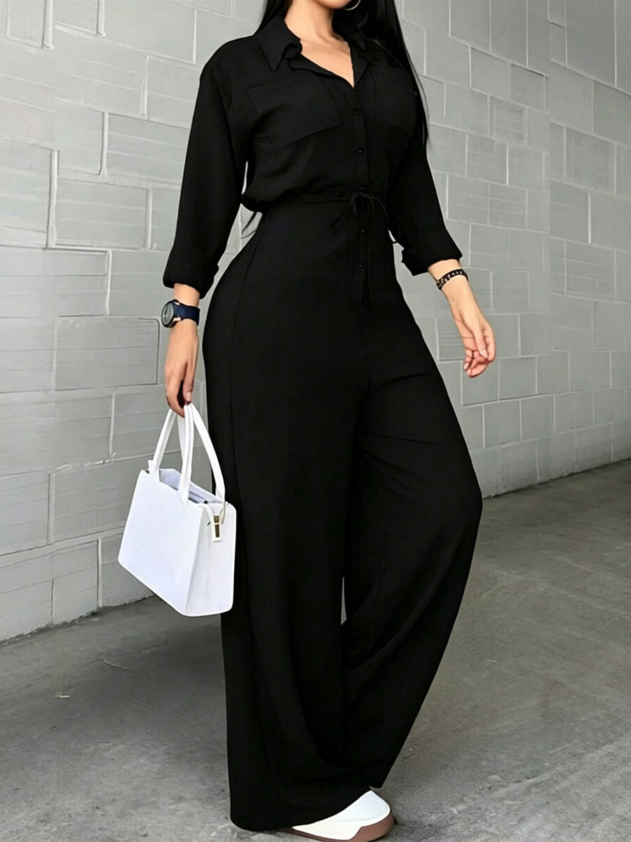 Jumpsuit mit Reverskragen Kordelzug in der Taille weites Bein Schwarz Khaki Rot Damen-Outfit