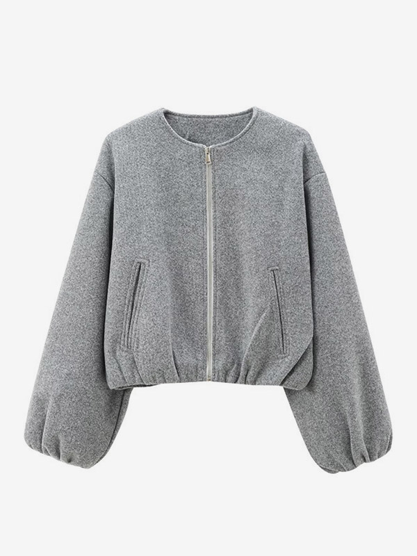 Jacke mit Rundhalsausschnitt und Reißverschluss kurz Grau Elfenbein Militärgrün Schwarz Weinrot Oberbekleidung