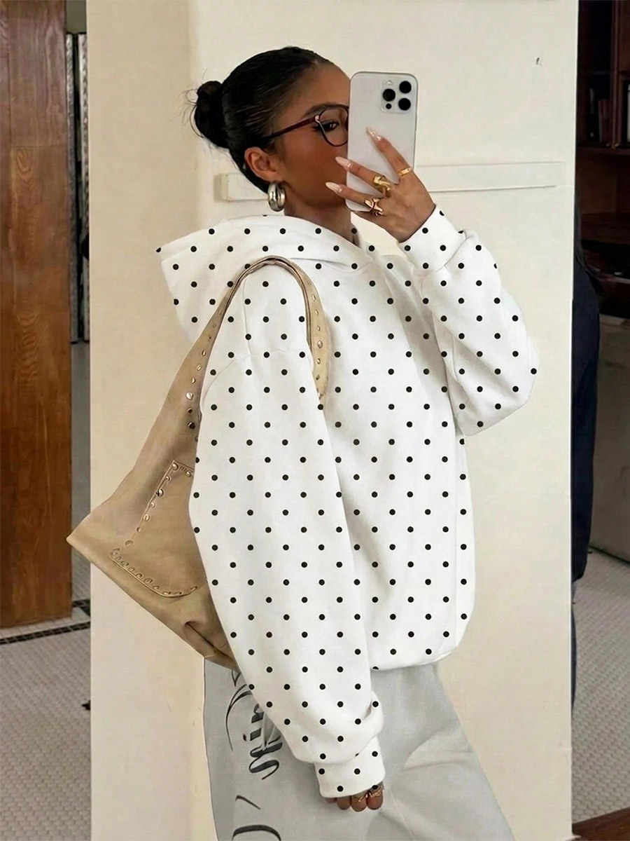 Weißer Hoodie mit Polka-Dots Damen-Pullover modisch lässig gemütlich