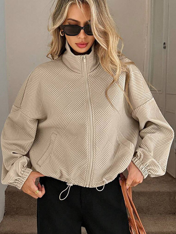 Kurze Jacke mit Stehkragen Reißverschluss und Kordelzug hellbraun olivgrün Damenoberbekleidung