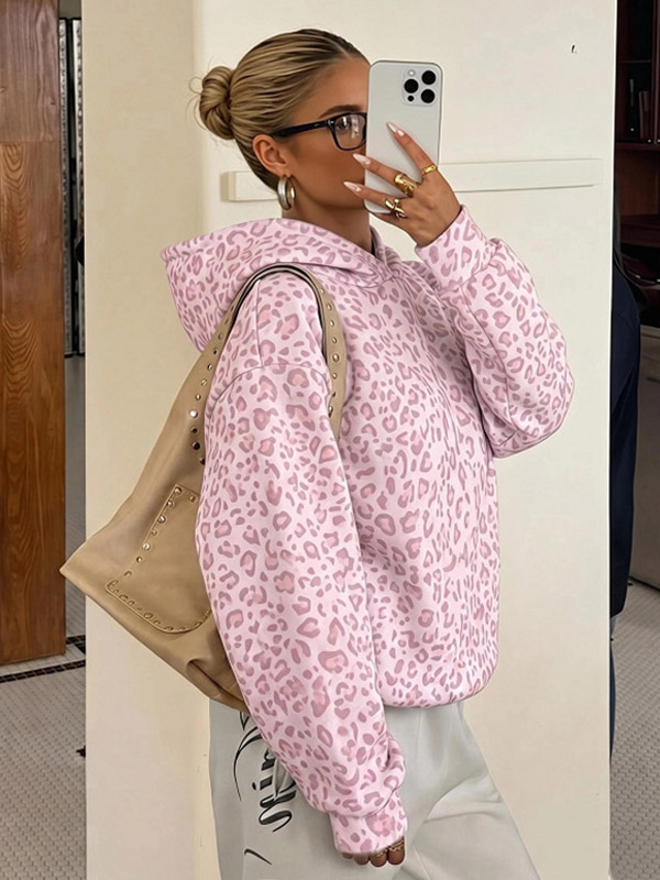 Felpa con cappuccio rosa con stampa leopardata pullover da donna moda street casual comoda