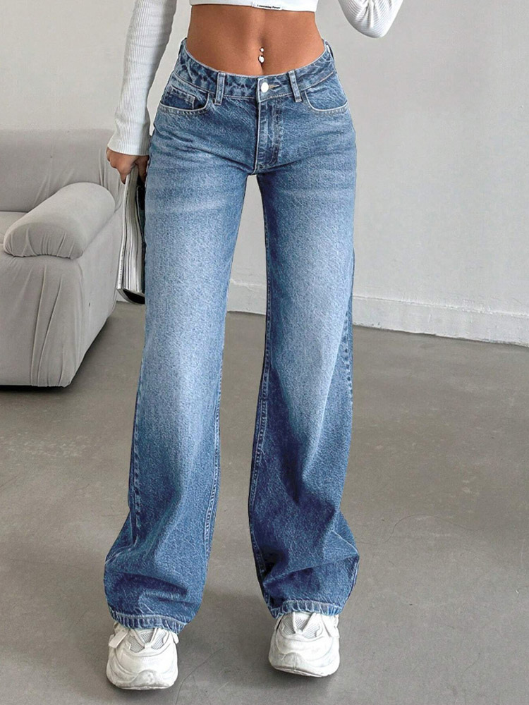 Jeans in Marineblau hoher Bund weites Bein Denim Damenmode Streetwear lässige Hose