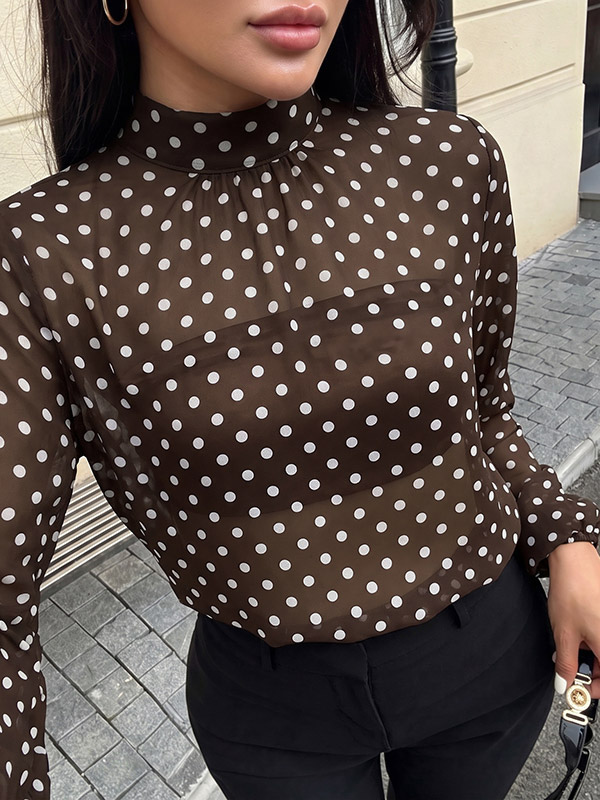 Top Braune weiße Polka-Dot Langarmbluse mit Stehkragen für Damen modisch und lässig