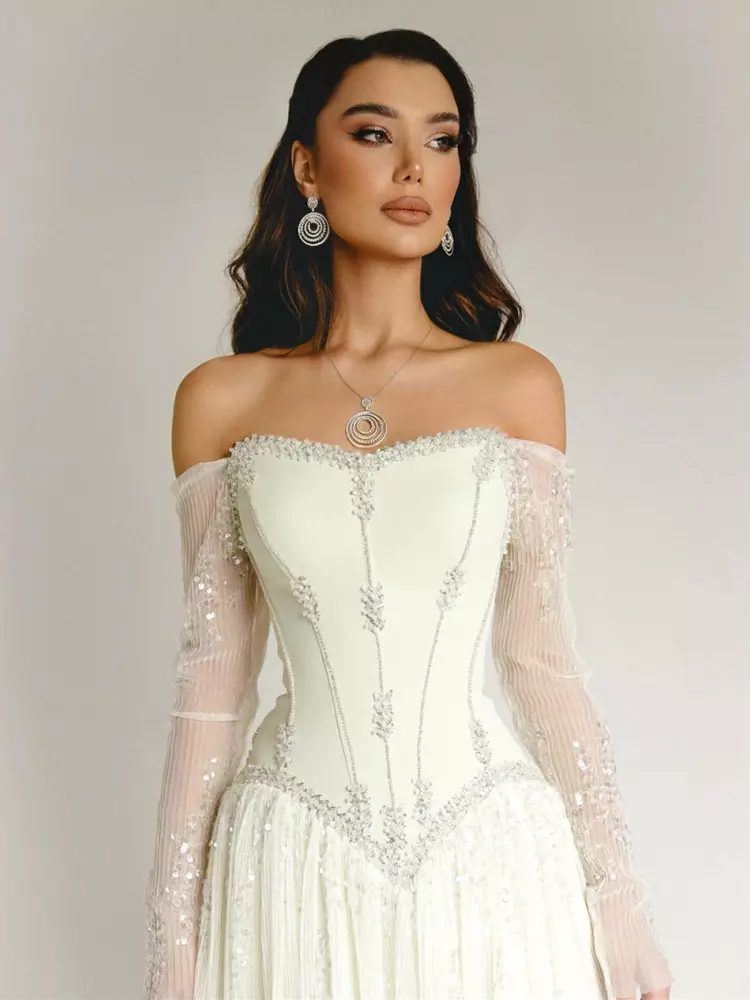 basque waist dress formal Evening Sheath Sweetheart Neck Long Sleeves Zipper Pleated Sequined Party Dresses SEASON_Fall & Winter