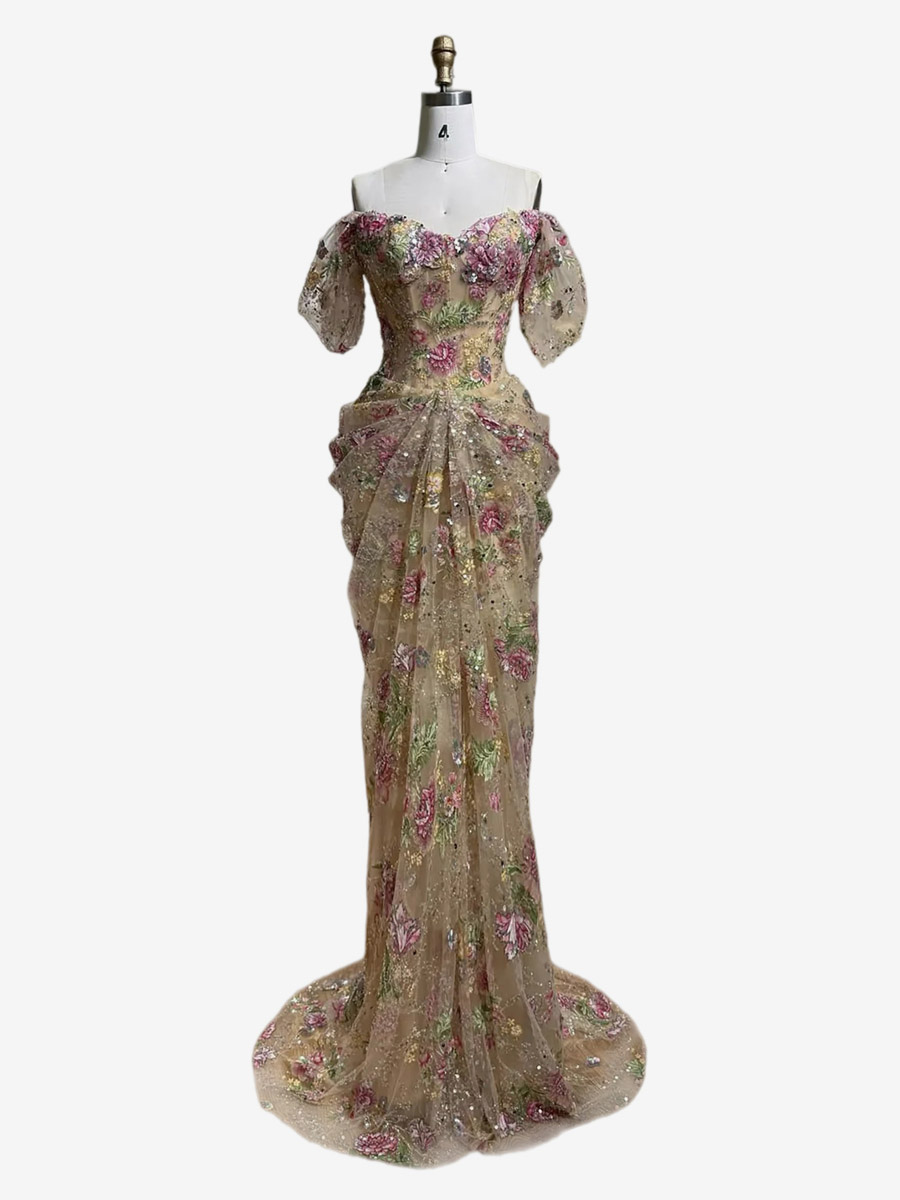 Abendkleid Ballkleid luxuriöses nudefarbenes rosafarbenes Meerjungfrauenkleid mit Blumenmuster und Perlen Partykleider