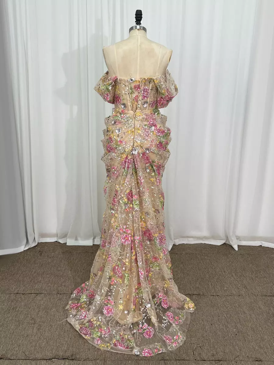 pink and gold mermaid dress Evening Prom Dress Luxury Nude Floral Beaded Dress Party Dresses Mermaid Fabric