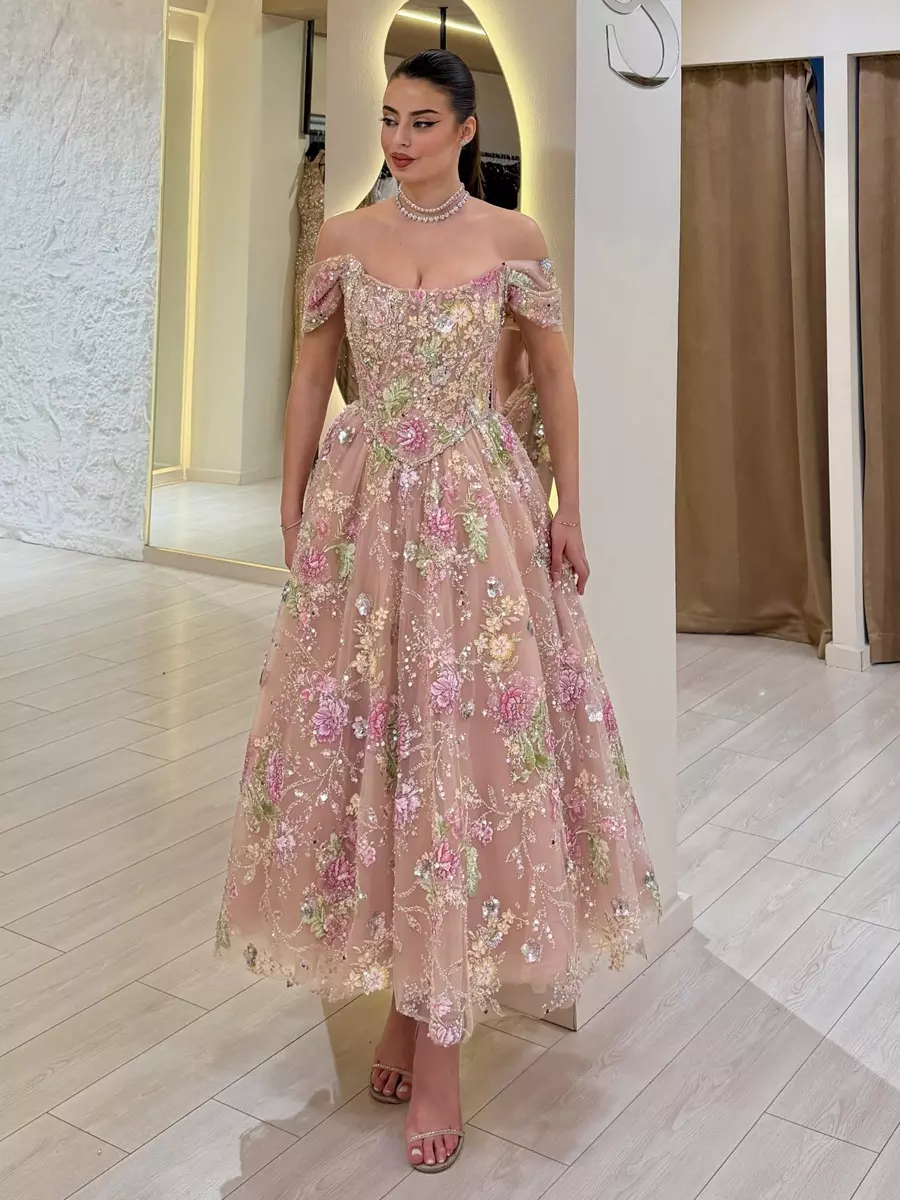 Prom Dresses Flower Ankle-length Off-the-shoulder Sequins Evening Dress