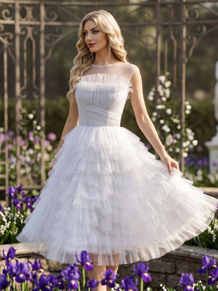Ballkleid aus Tüll mit Rundhalsausschnitt A-Linie ärmellos Rüschen knielang