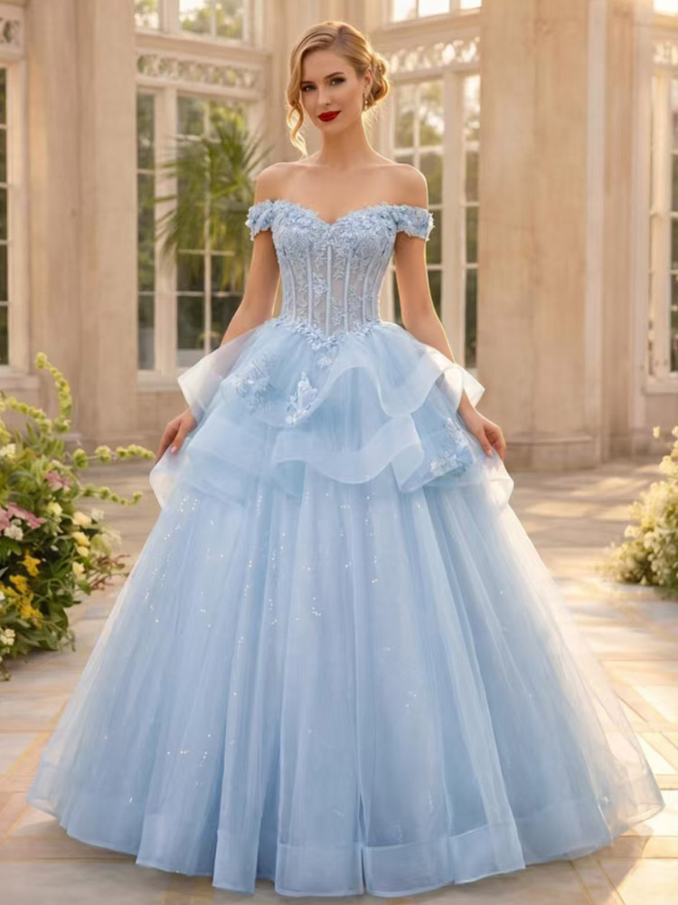 Ballkleid schulterfrei A-Linie kurze Ärmel Blumenmuster Prinzessinnen-Ballkleid