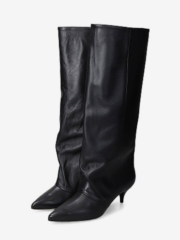 Schwarze kniehohe Stiefel für Damen spitze Zehenpartie Kitten-Heel