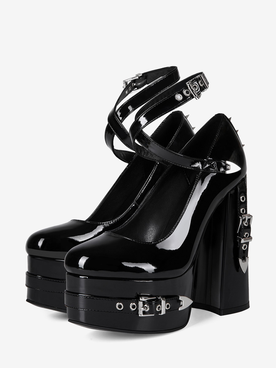 Schwarze High-Heel-Pumps für Damen Plateau runde Zehenpartie Schnallendetail gekreuzte Riemen