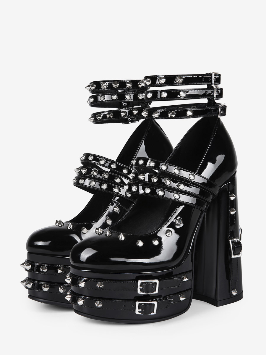Schwarze High Heels Damen-Plateau-Pumps mit runder Zehenpartie Nieten und Riemchen Blockabsatz