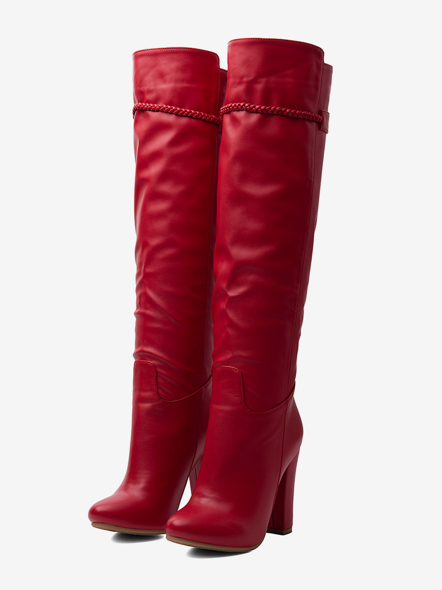 Rote High-Heel-Stiefel mit runder Spitze und Blockabsatz kniehoch