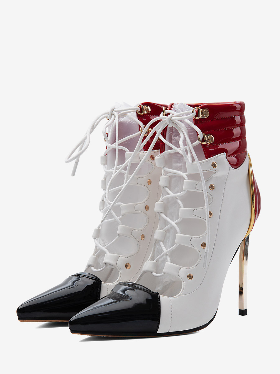 Damen-Stiefeletten mit hohem Absatz spitzer Zehenpartie Patchwork-Design und Schnürung