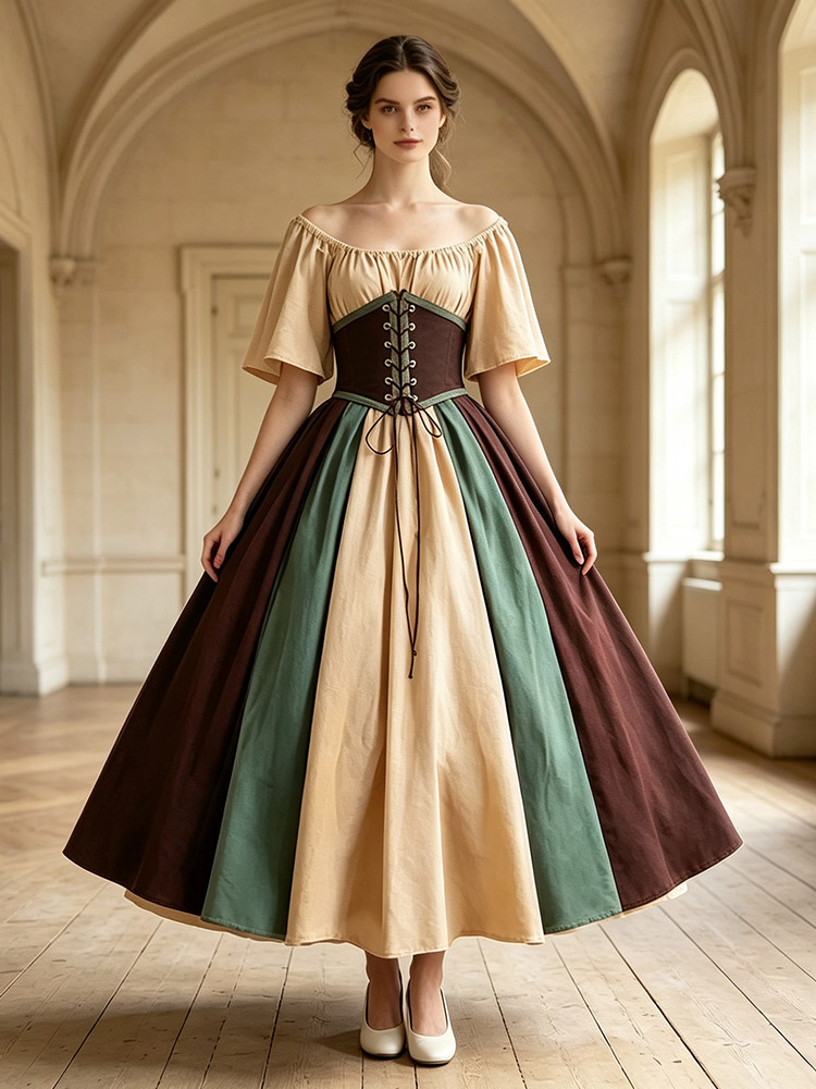 Robe médiévale de style palais pour femme épaules dénudées style Renaissance manches courtes lacets et volants style vintage idéale pour un cosplay.