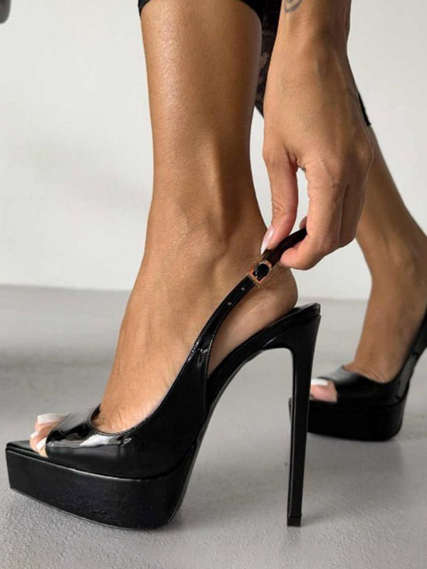 Schwarze High Heels mit offener Spitze Plateau Slingback und Stilettoabsatz