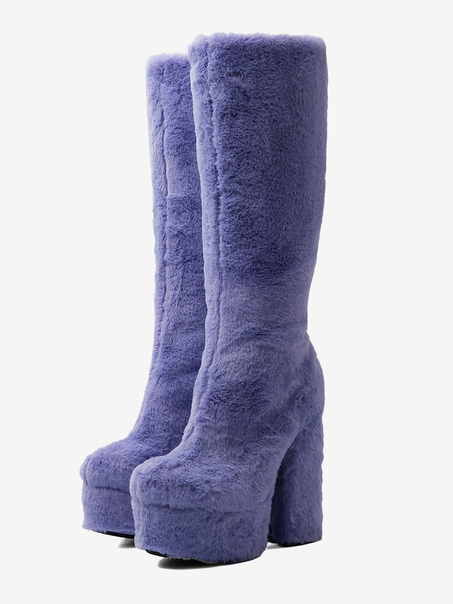 Lila kniehohe Stiefel mit Fellbesatz Plateau runder Zehenpartie und Blockabsatz; Go-Go-Stiefel